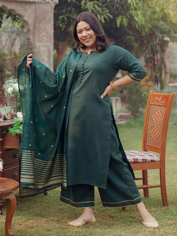 Plus Size Green Solid Cotton Suit Set - Libas