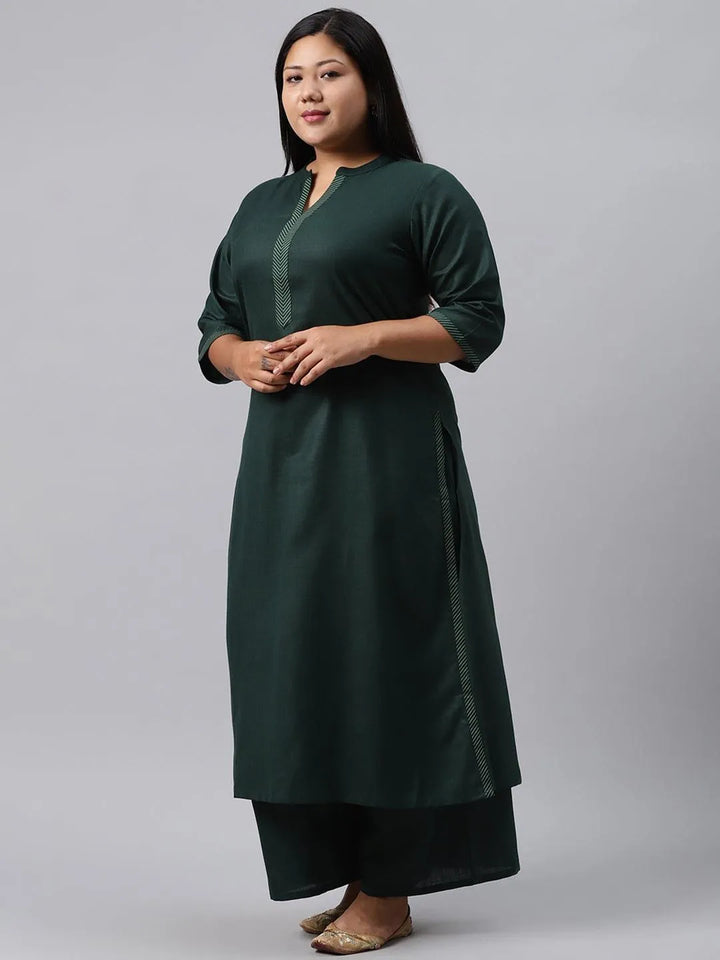 Plus Size Green Solid Cotton Suit Set - Libas