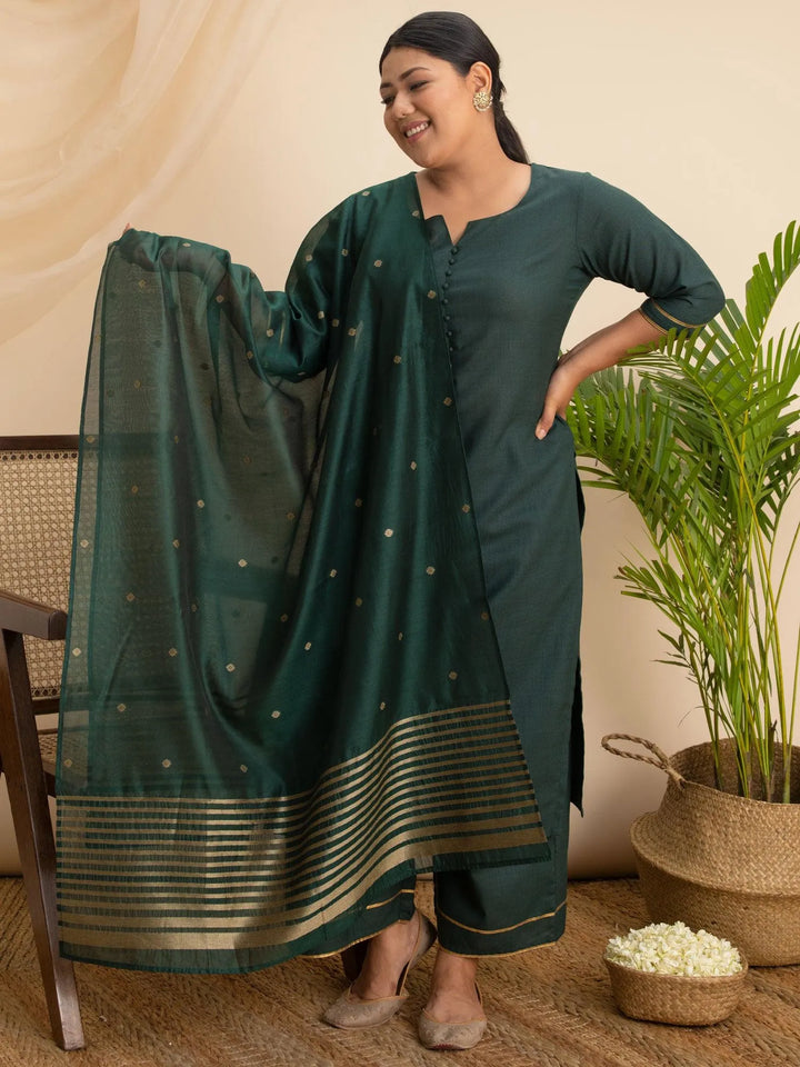 Plus Size Green Solid Cotton Suit Set - Libas