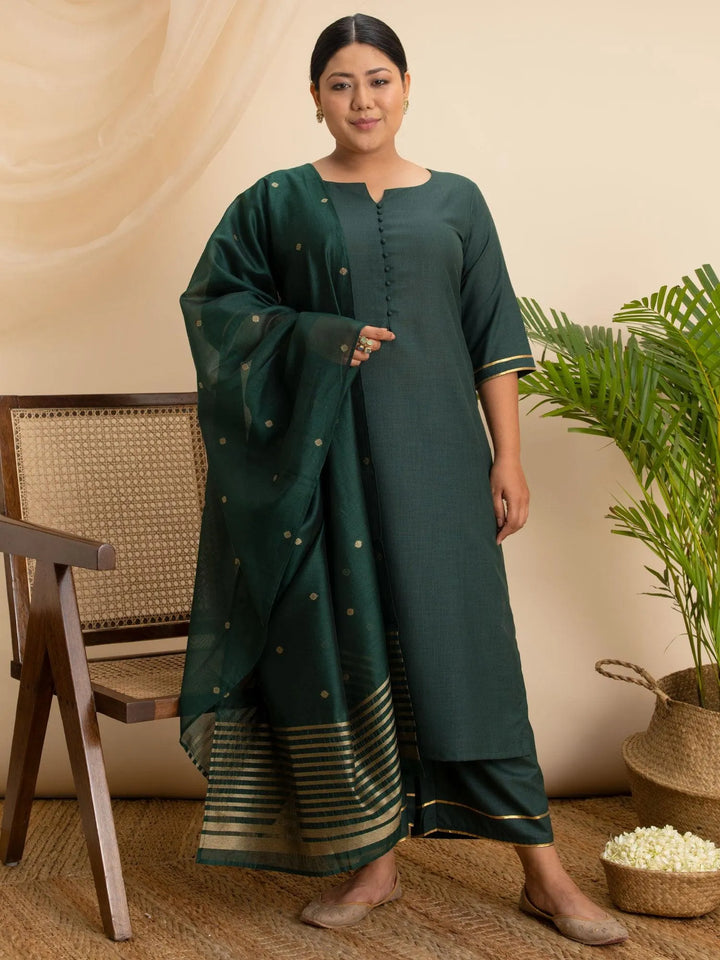 Plus Size Green Solid Cotton Suit Set - Libas