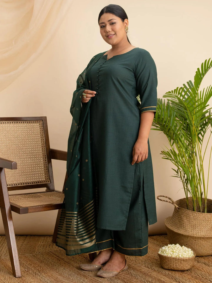 Plus Size Green Solid Cotton Suit Set - Libas