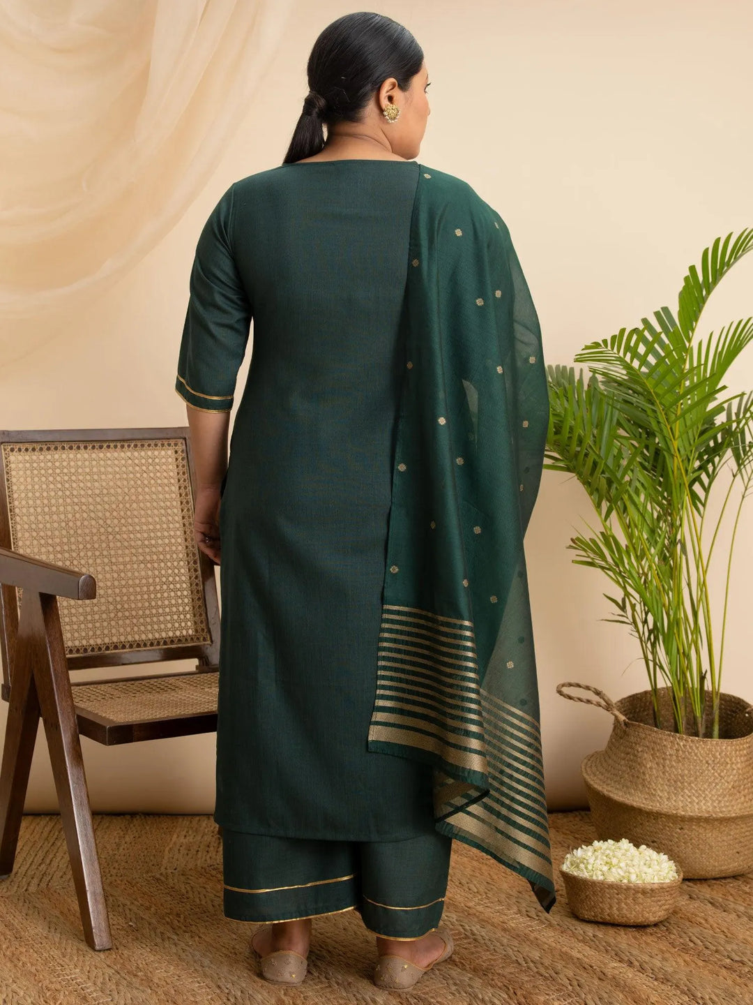 Plus Size Green Solid Cotton Suit Set - Libas