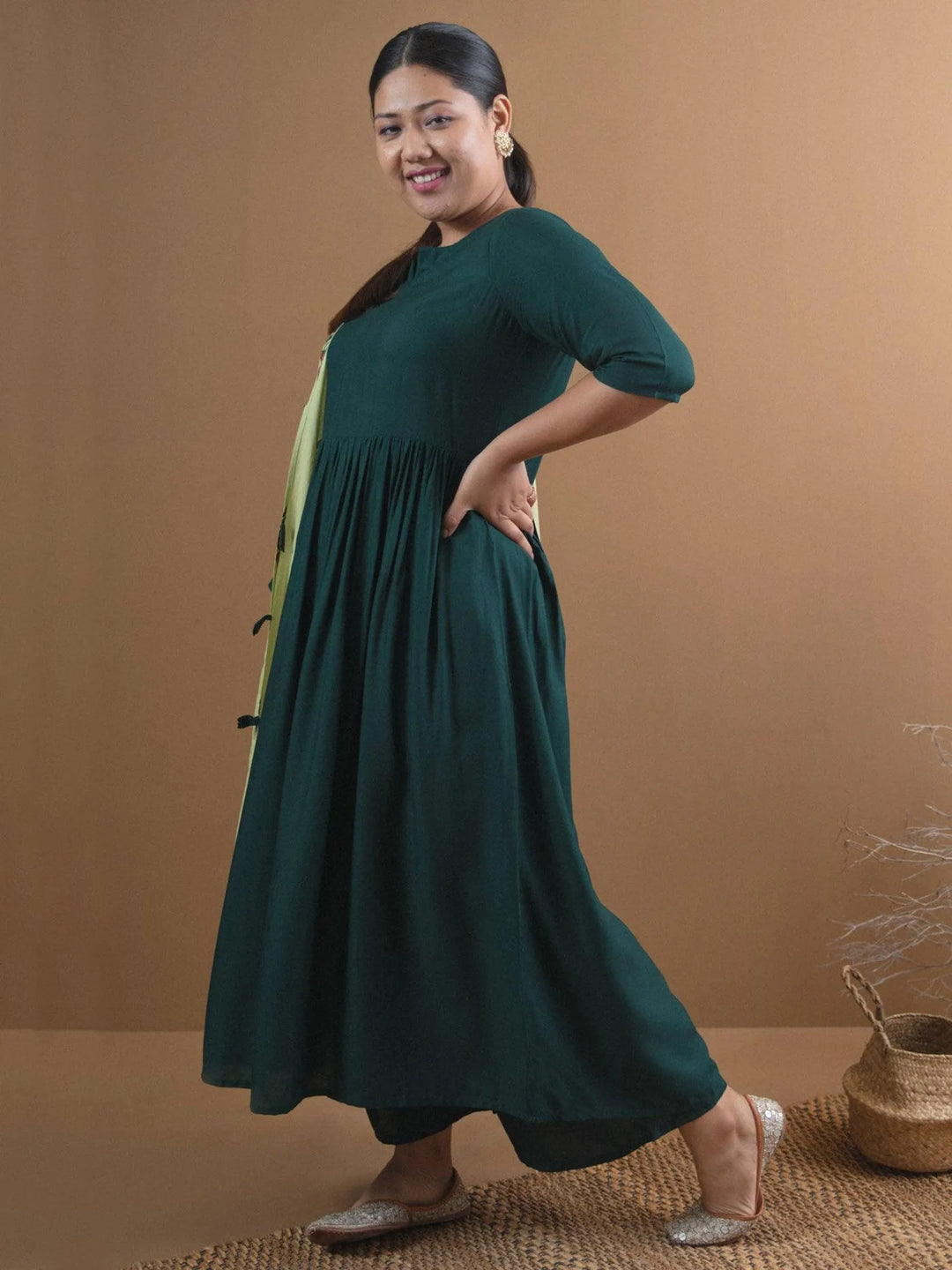 Plus Size Green Solid Rayon Suit Set - Libas 