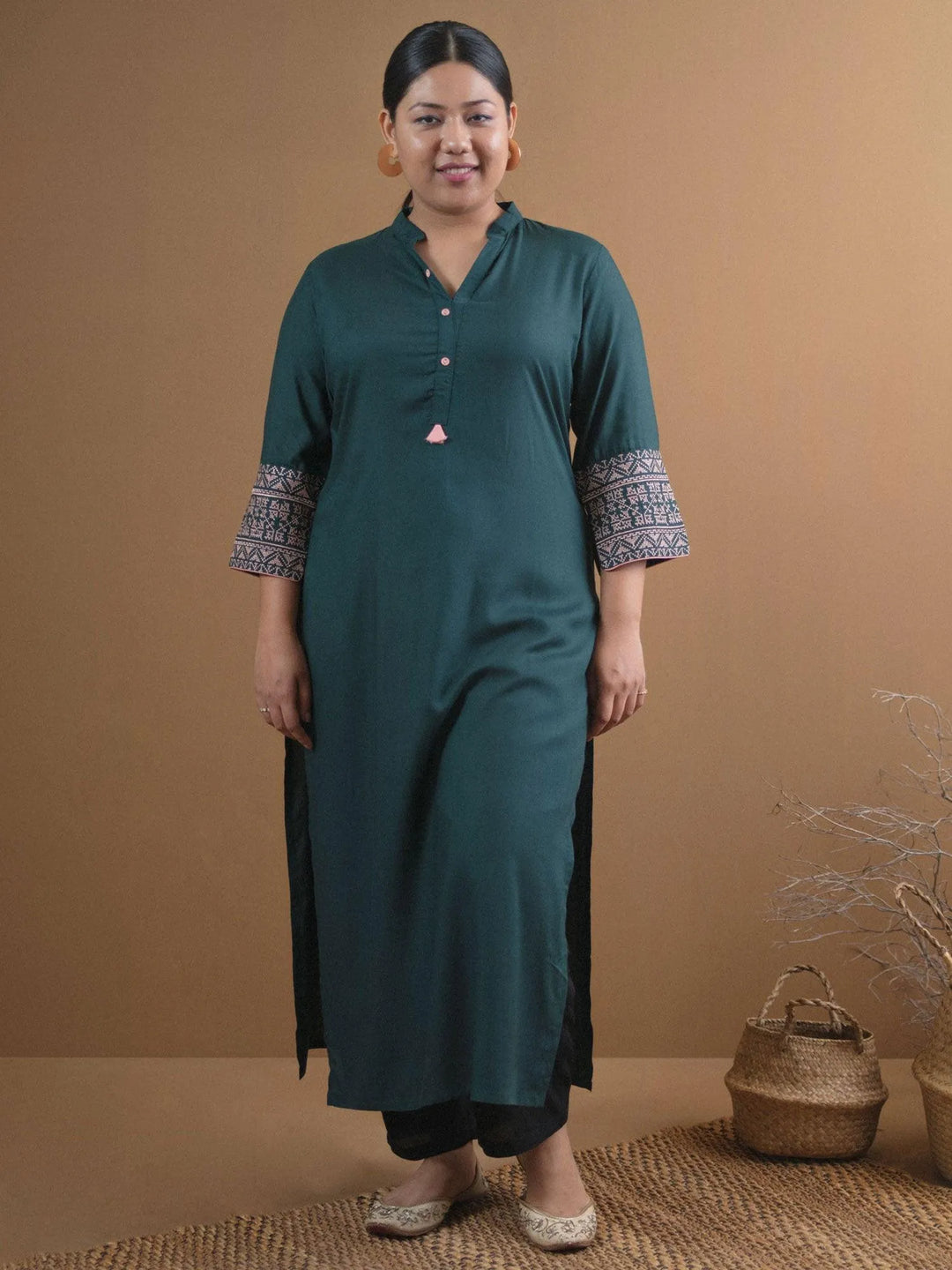 Plus Size Green Solid Rayon Kurta - Libas