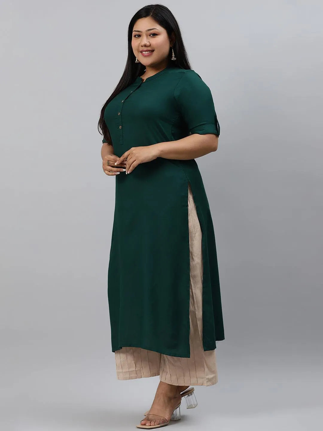 Plus Size Green Solid Rayon Kurta - Libas