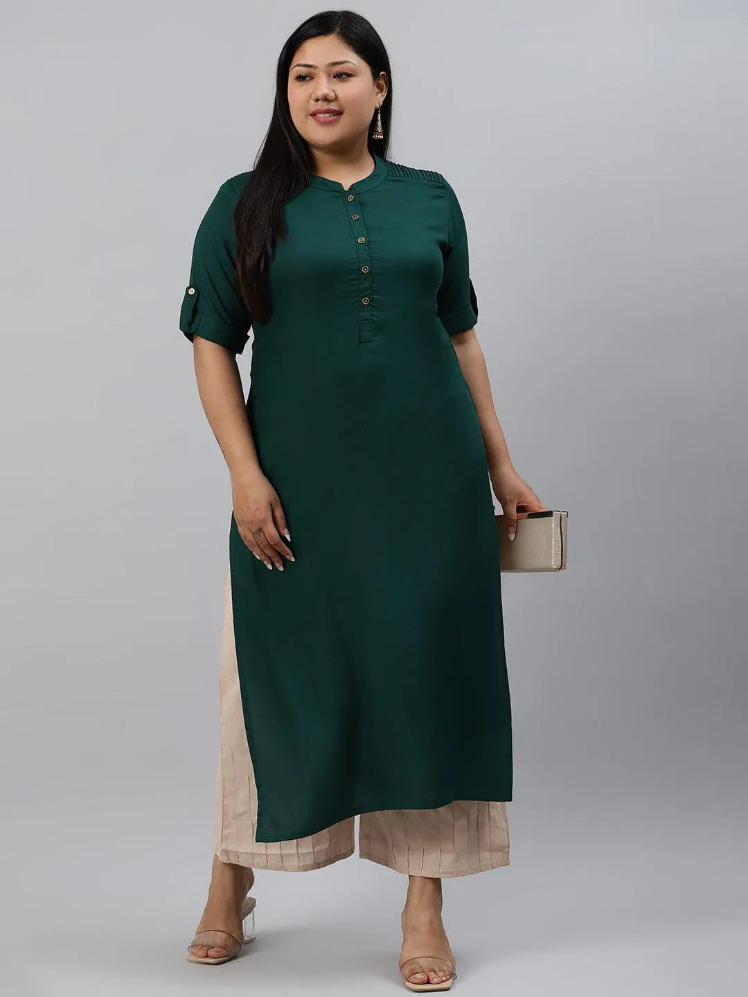 Plus Size Green Solid Rayon Kurta - Libas