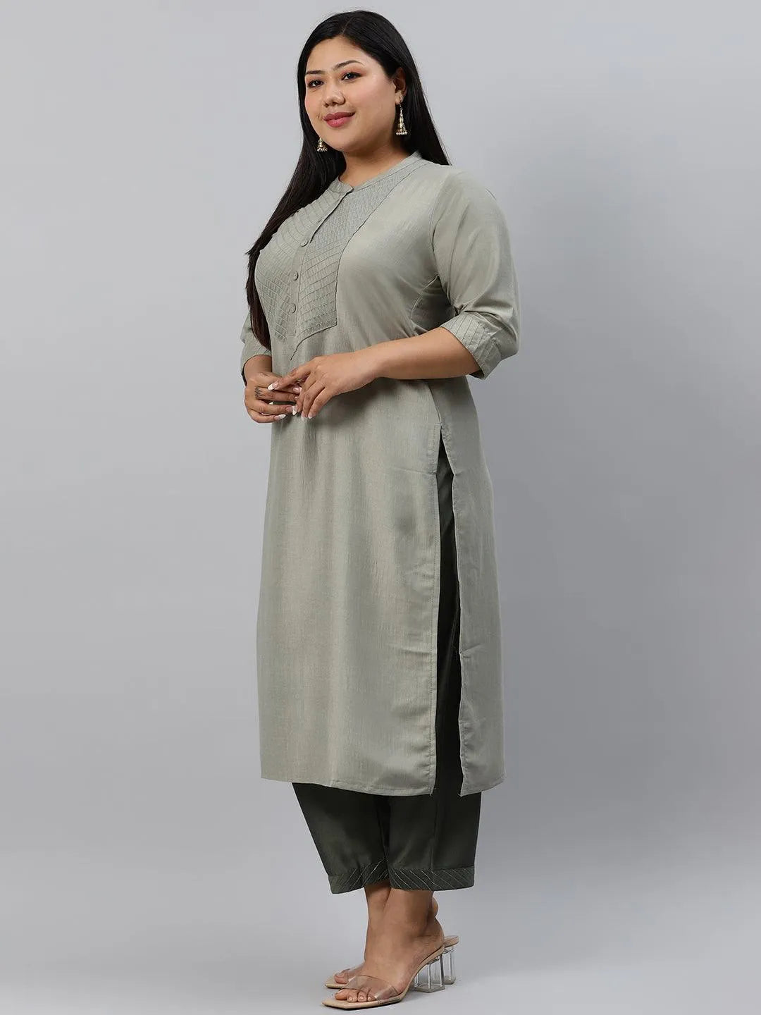 Plus Size Green Solid Silk Kurta - Libas 