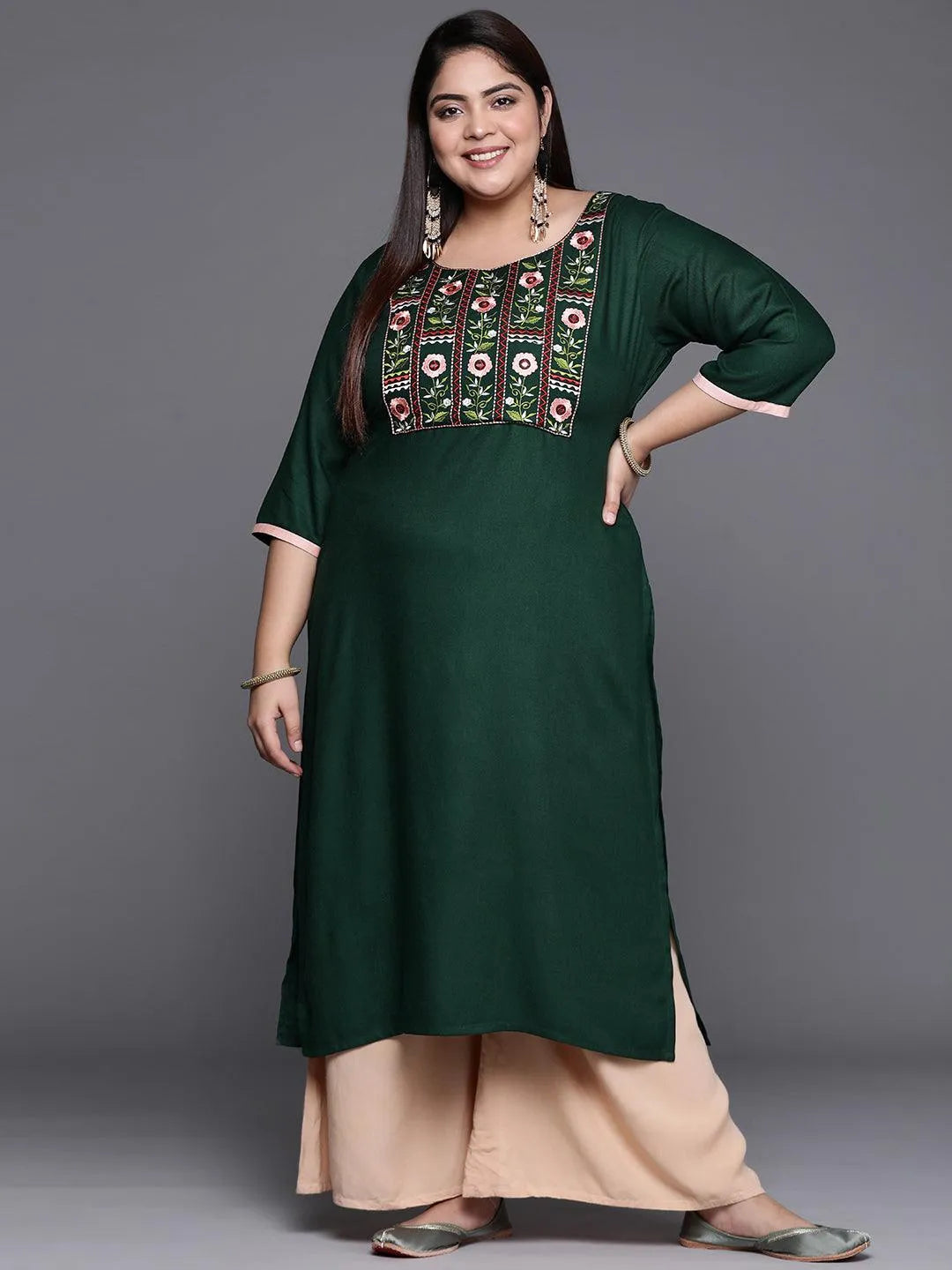 Plus Size Green Solid Wool Kurta - Libas