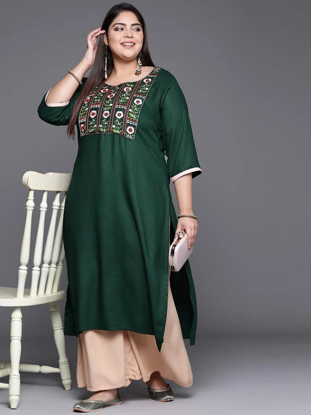 Plus Size Green Solid Wool Kurta - Libas