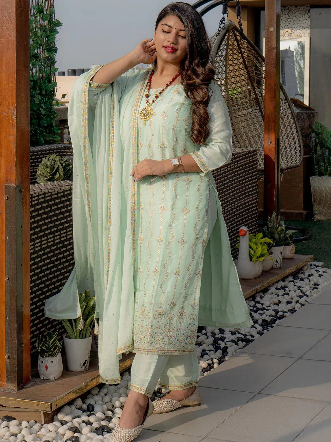 Plus Size Sea Green Woven Design Silk Blend Suit Set - Libas 