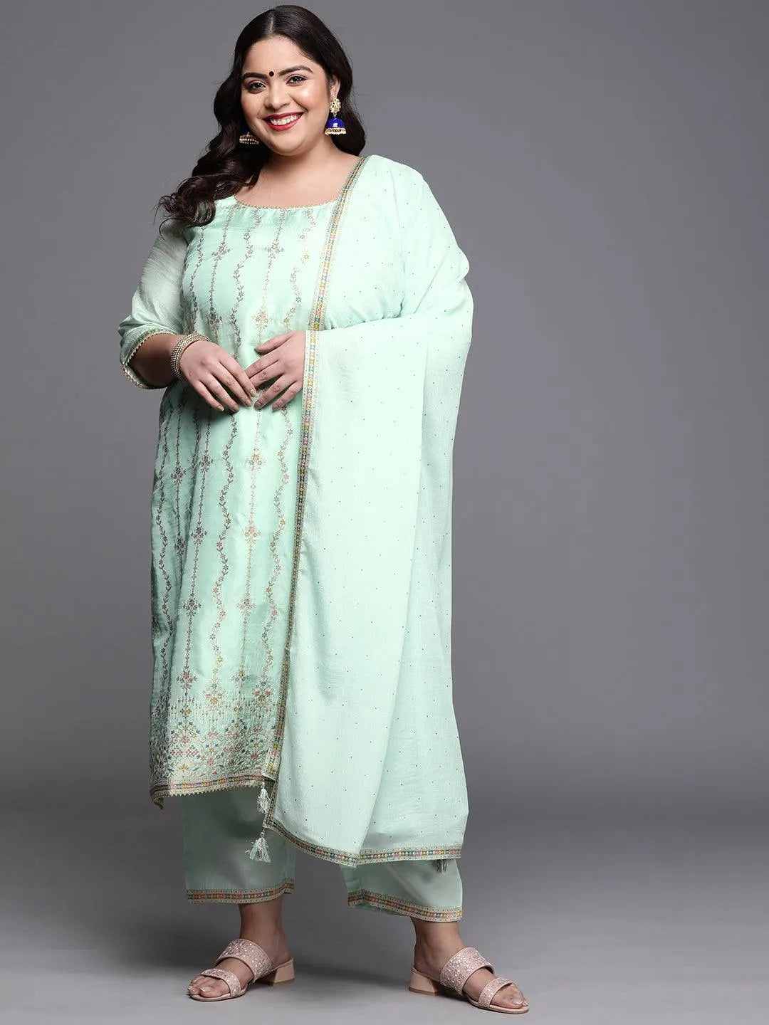 Plus Size Sea Green Woven Design Silk Blend Suit Set - Libas 