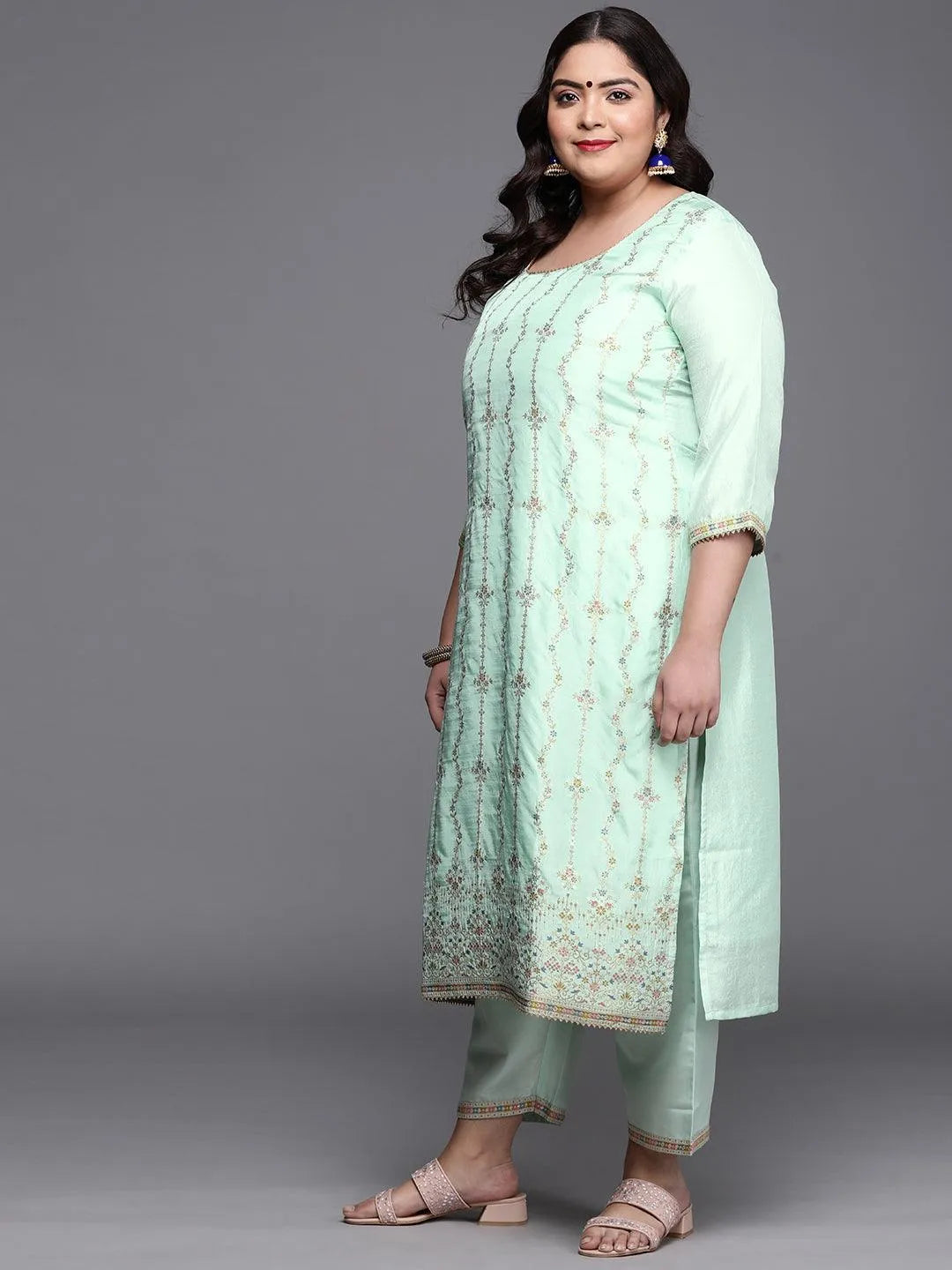 Plus Size Sea Green Woven Design Silk Blend Suit Set - Libas 