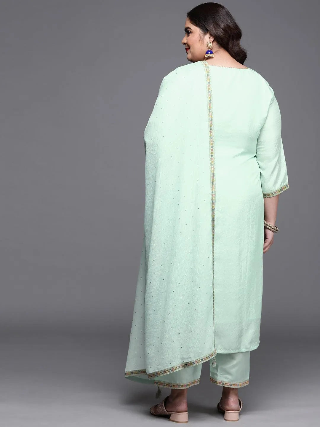 Plus Size Sea Green Woven Design Silk Blend Suit Set - Libas 