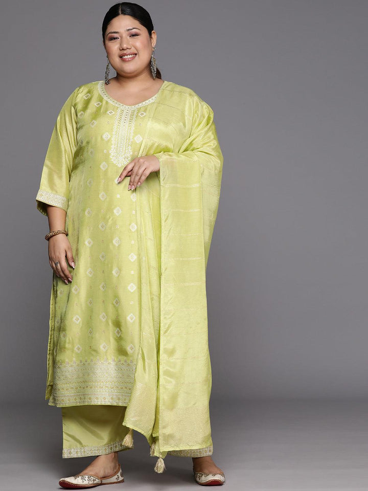 Plus Size Green Woven Design Silk Blend Straight Suit Set - Libas