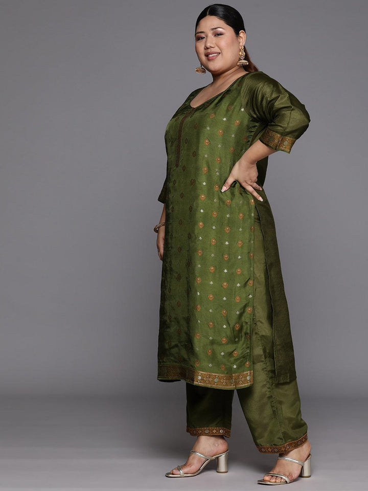 Plus Size Green Woven Design Silk Blend Straight Suit Set - Libas