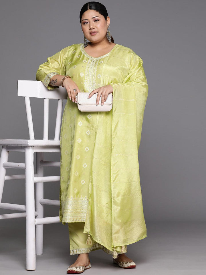 Plus Size Green Woven Design Silk Blend Straight Suit Set - Libas