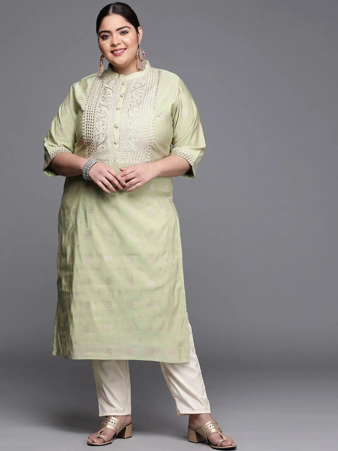 Plus Size Green Yoke Design Chanderi Silk Kurta - Libas