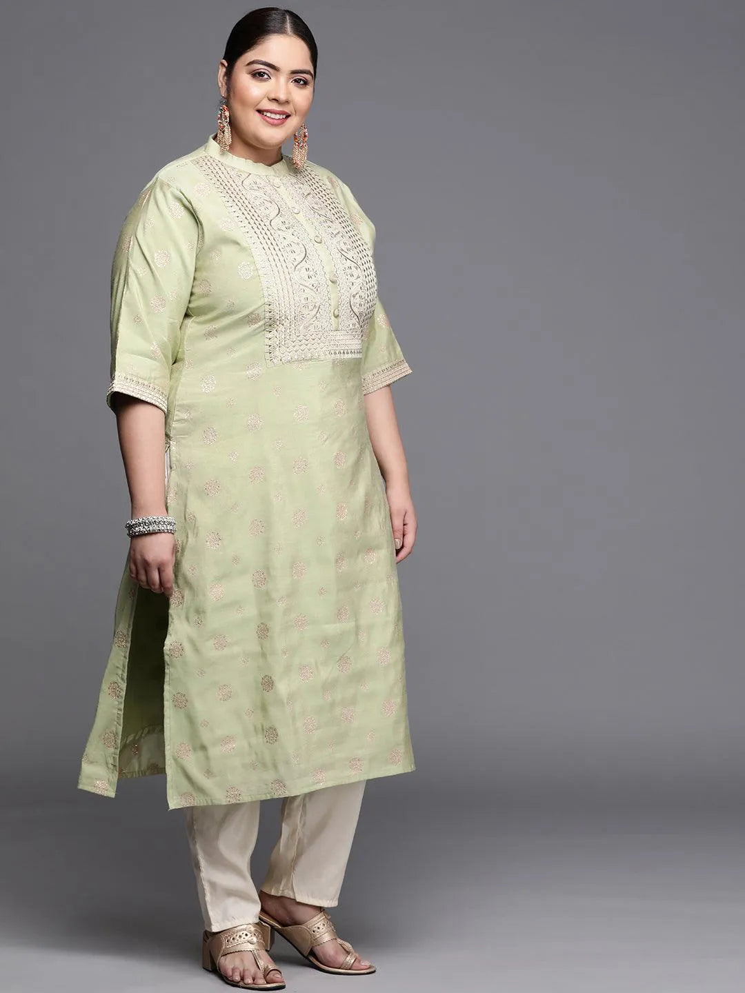 Plus Size Green Yoke Design Chanderi Silk Kurta - Libas