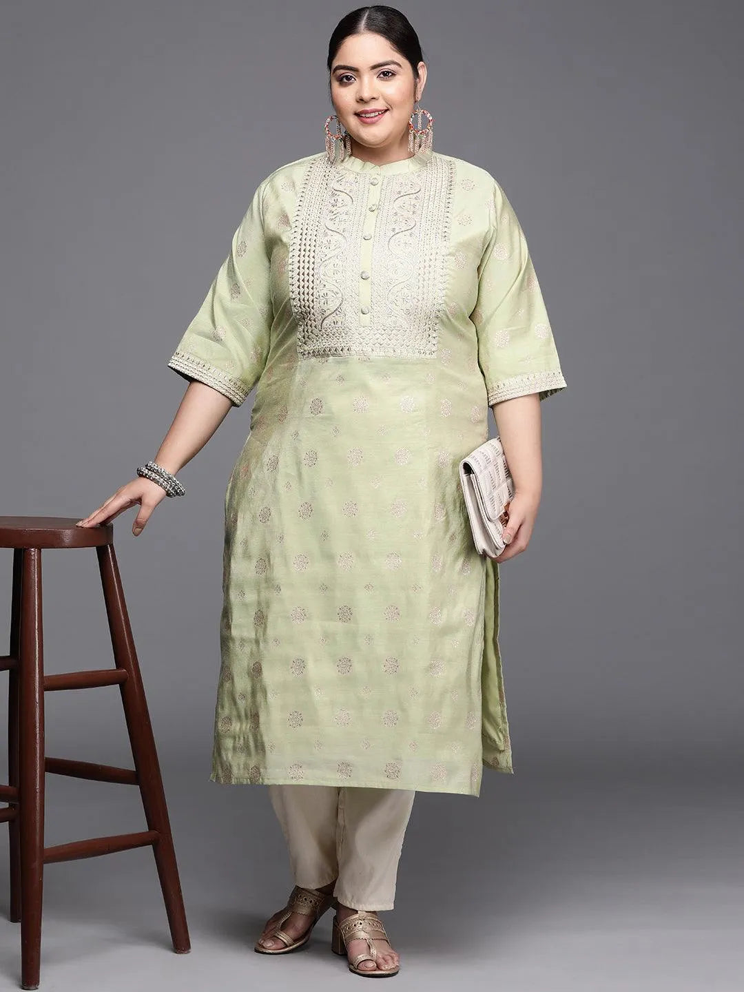 Plus Size Green Yoke Design Chanderi Silk Kurta - Libas 