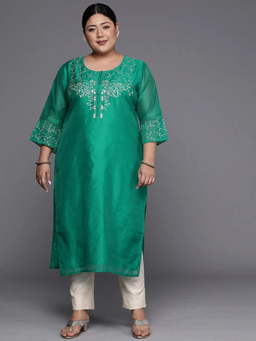 Plus Size Green Yoke Design Chanderi Silk Straight Kurta - Libas 