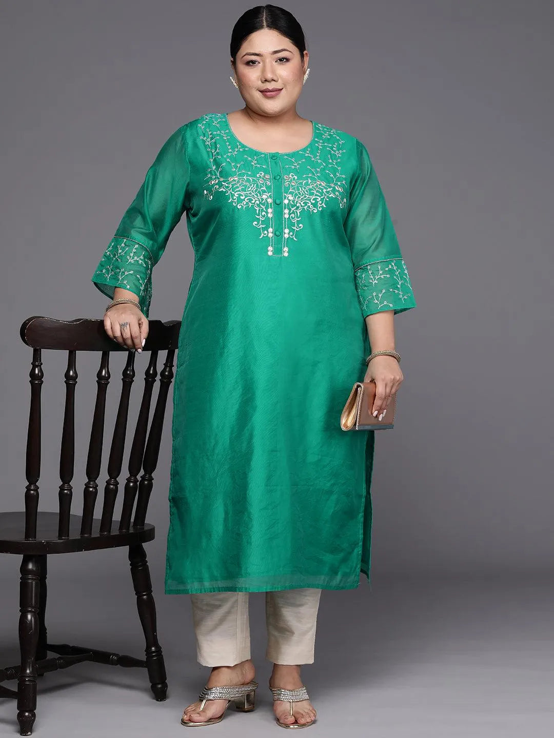 Plus Size Green Yoke Design Chanderi Silk Straight Kurta - Libas