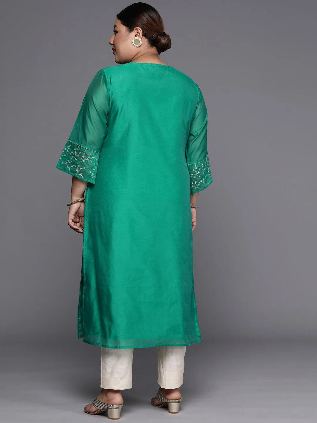 Plus Size Green Yoke Design Chanderi Silk Straight Kurta - Libas 