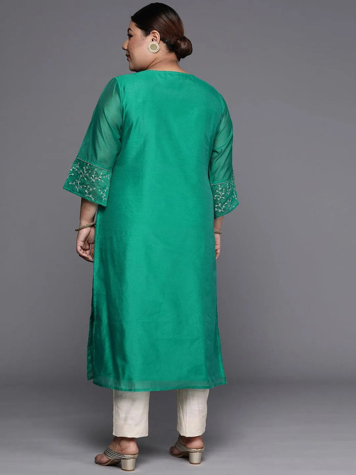 Plus Size Green Yoke Design Chanderi Silk Straight Kurta - Libas