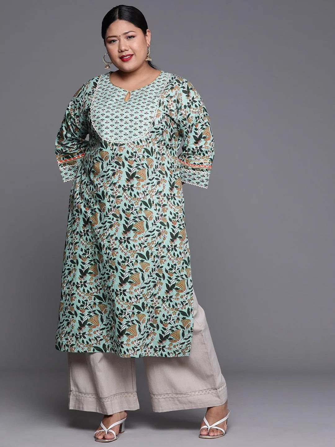 Plus Size Green Yoke Design Cotton Kurta - Libas