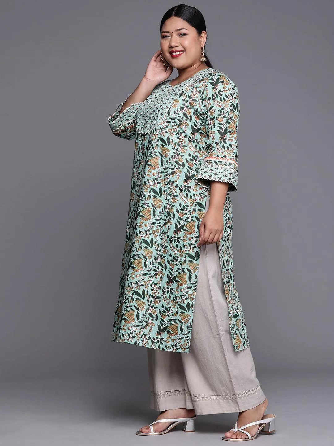 Plus Size Green Yoke Design Cotton Kurta - Libas