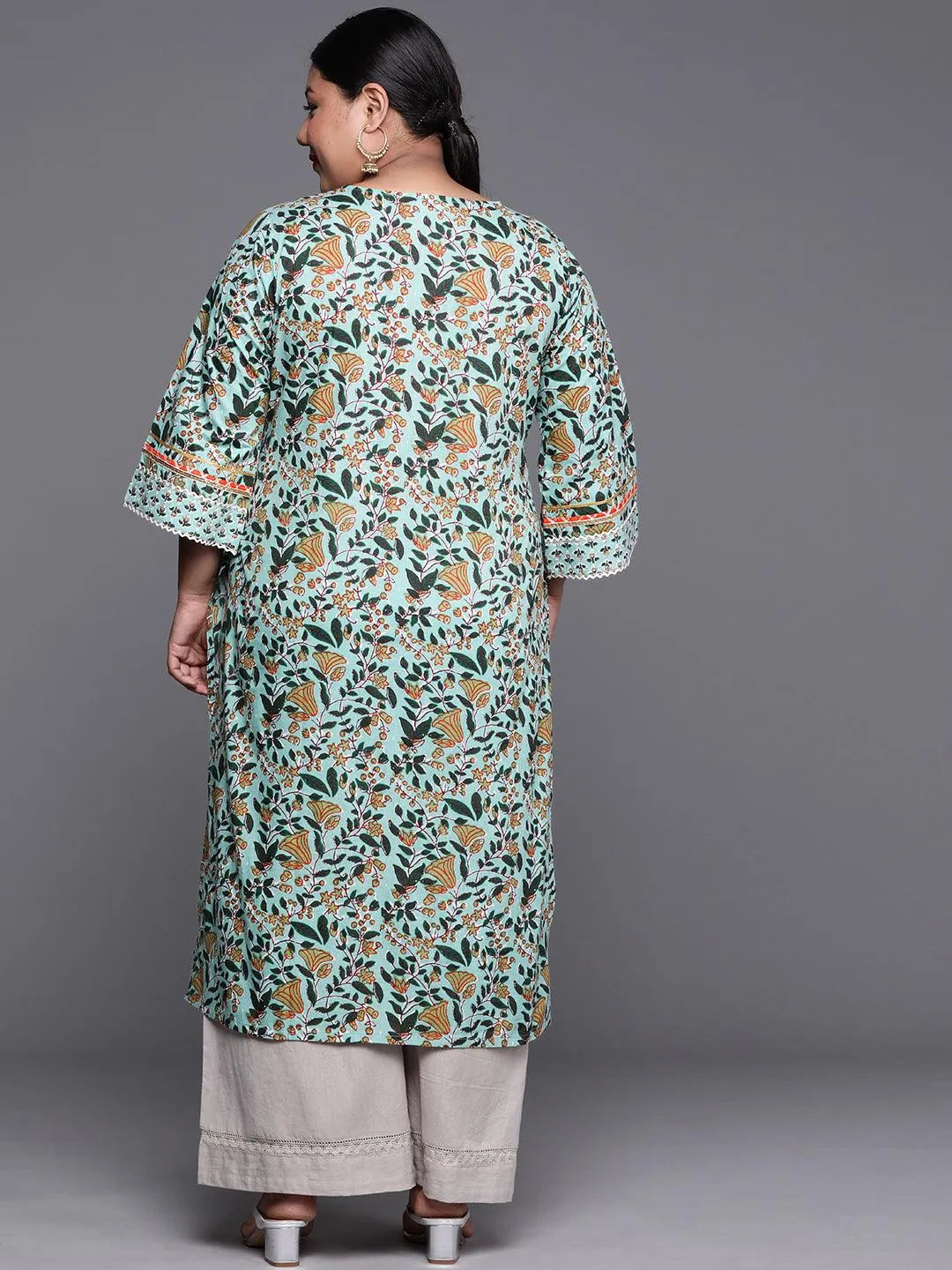 Plus Size Green Yoke Design Cotton Kurta - Libas