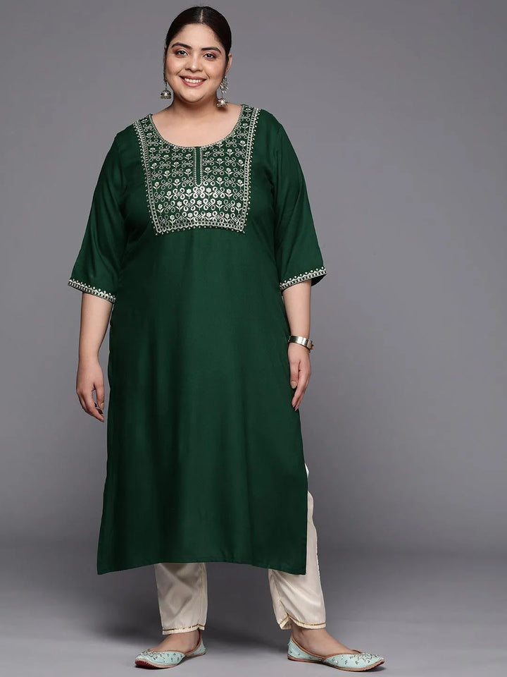 Plus Size Green Yoke Design Rayon Straight Kurta - Libas