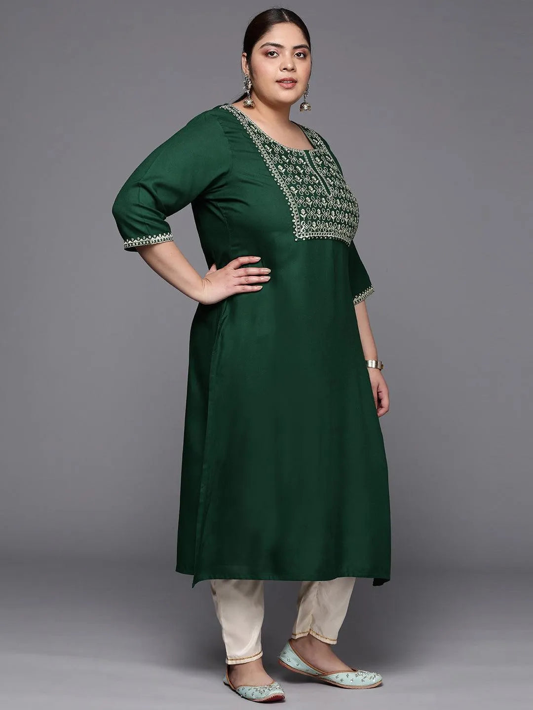 Plus Size Green Yoke Design Rayon Straight Kurta - Libas