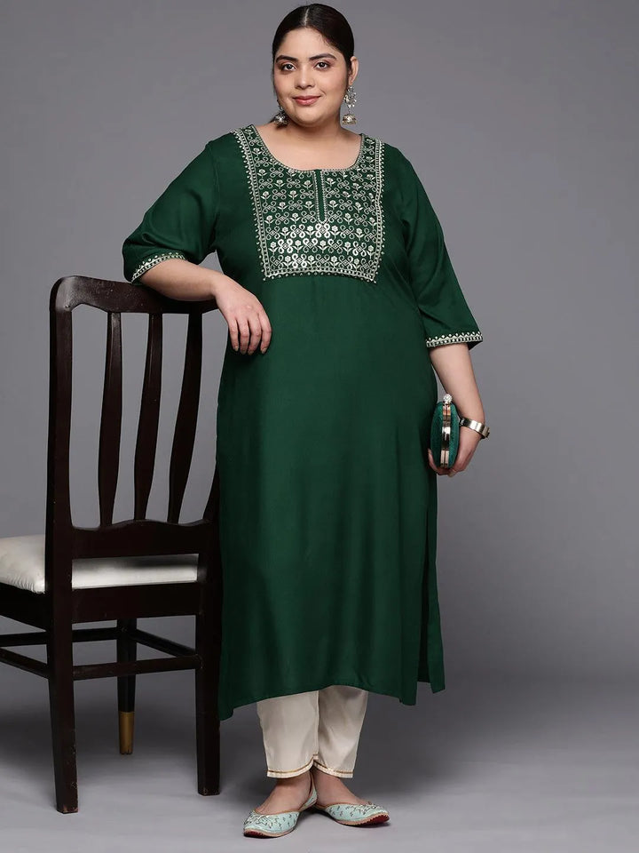 Plus Size Green Yoke Design Rayon Straight Kurta - Libas