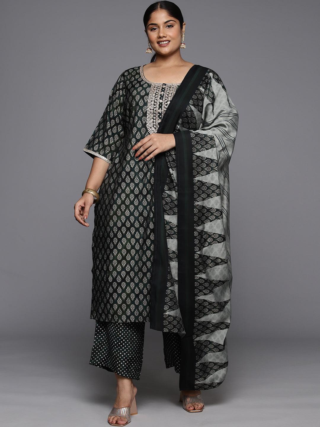 Plus Size Green Yoke Design Silk Blend Straight Kurta With Trousers & Dupatta - Libas