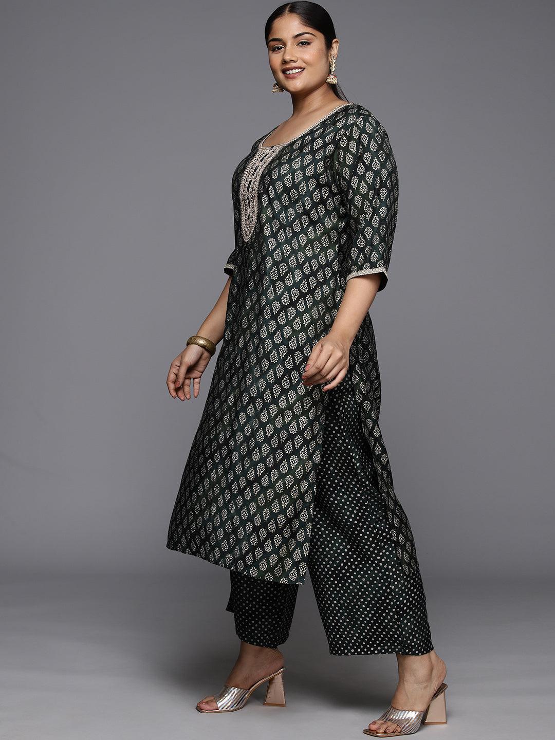 Plus Size Green Yoke Design Silk Blend Straight Kurta With Trousers & Dupatta - Libas 