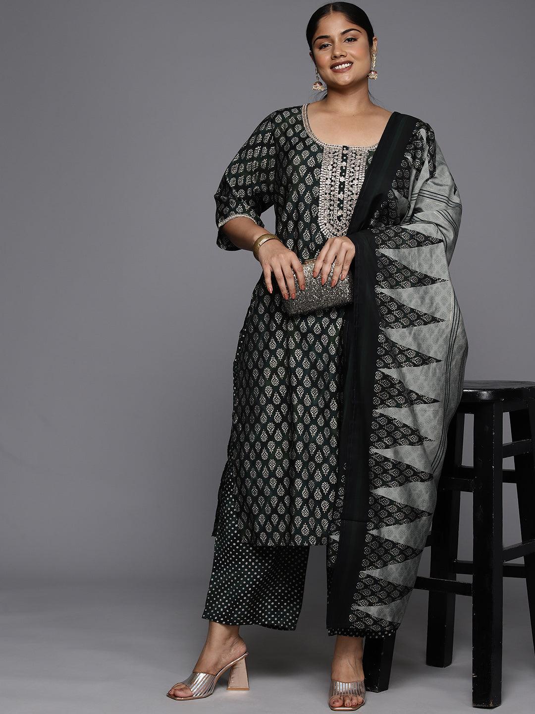 Plus Size Green Yoke Design Silk Blend Straight Kurta With Trousers & Dupatta - Libas