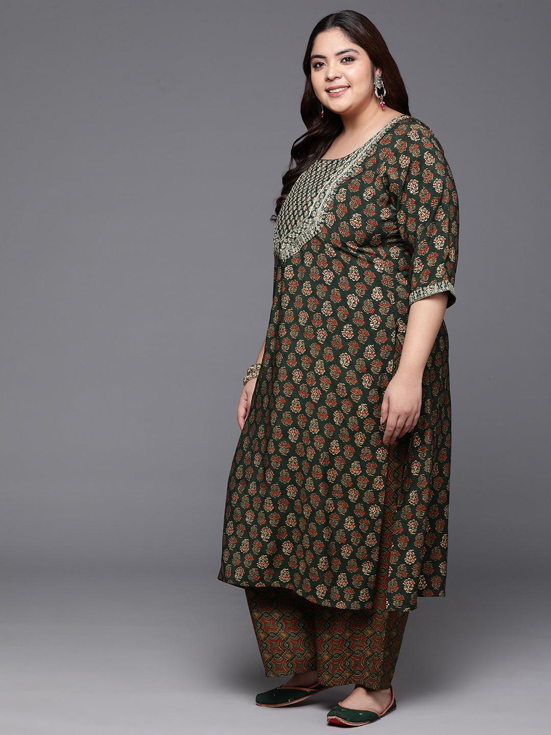 Plus Size Green Yoke Design Silk Blend Straight Kurta With Trousers & Dupatta - Libas