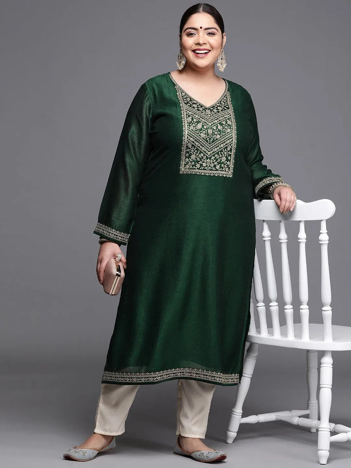 Plus Size Green Yoke Design Silk Kurta - Libas