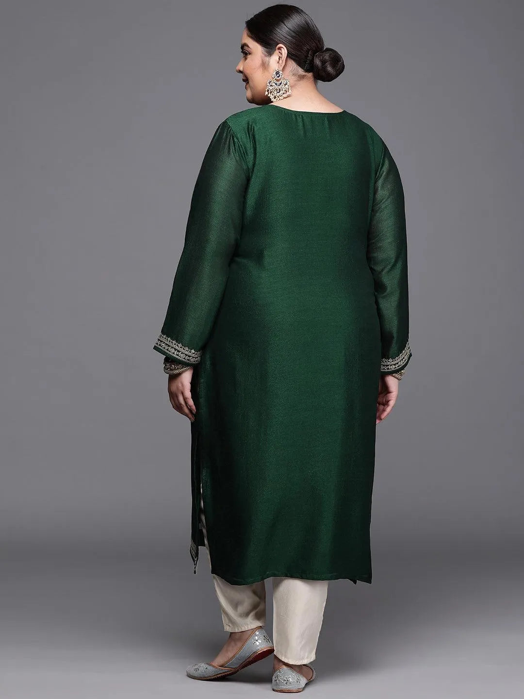 Plus Size Green Yoke Design Silk Kurta - Libas