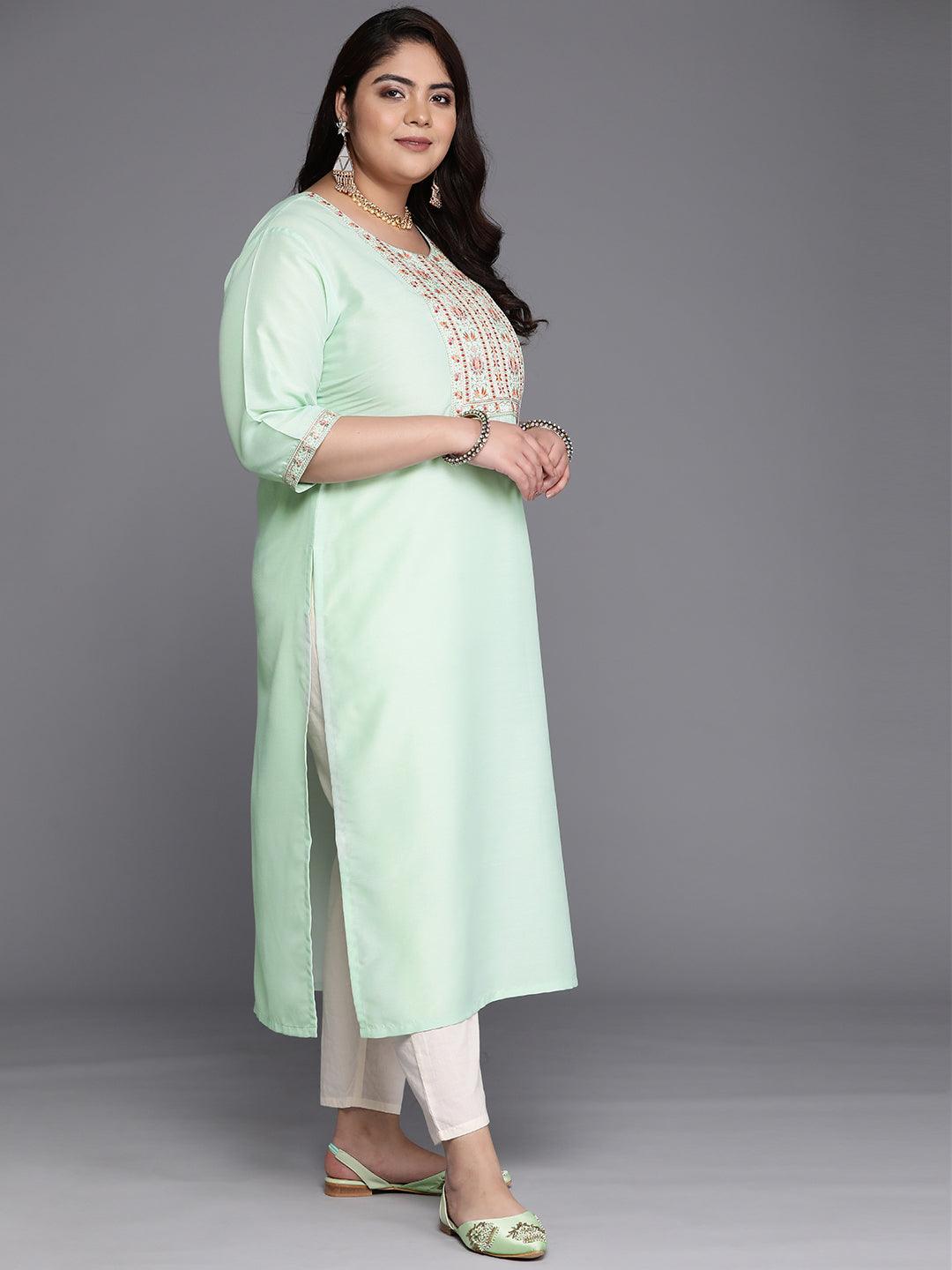 Plus Size Green Yoke Design Silk Straight Kurta - Libas