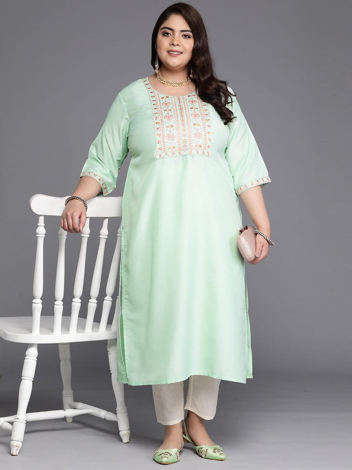 Plus Size Green Yoke Design Silk Straight Kurta - Libas