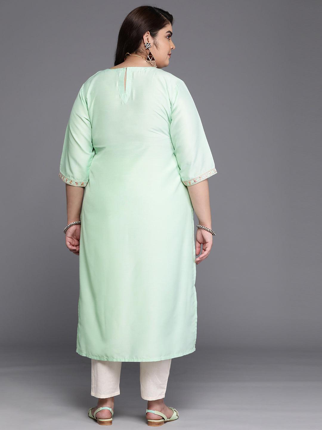 Plus Size Green Yoke Design Silk Straight Kurta - Libas