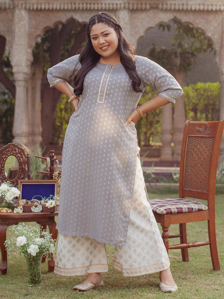 Plus Size Grey Chanderi Silk Kurta - Libas