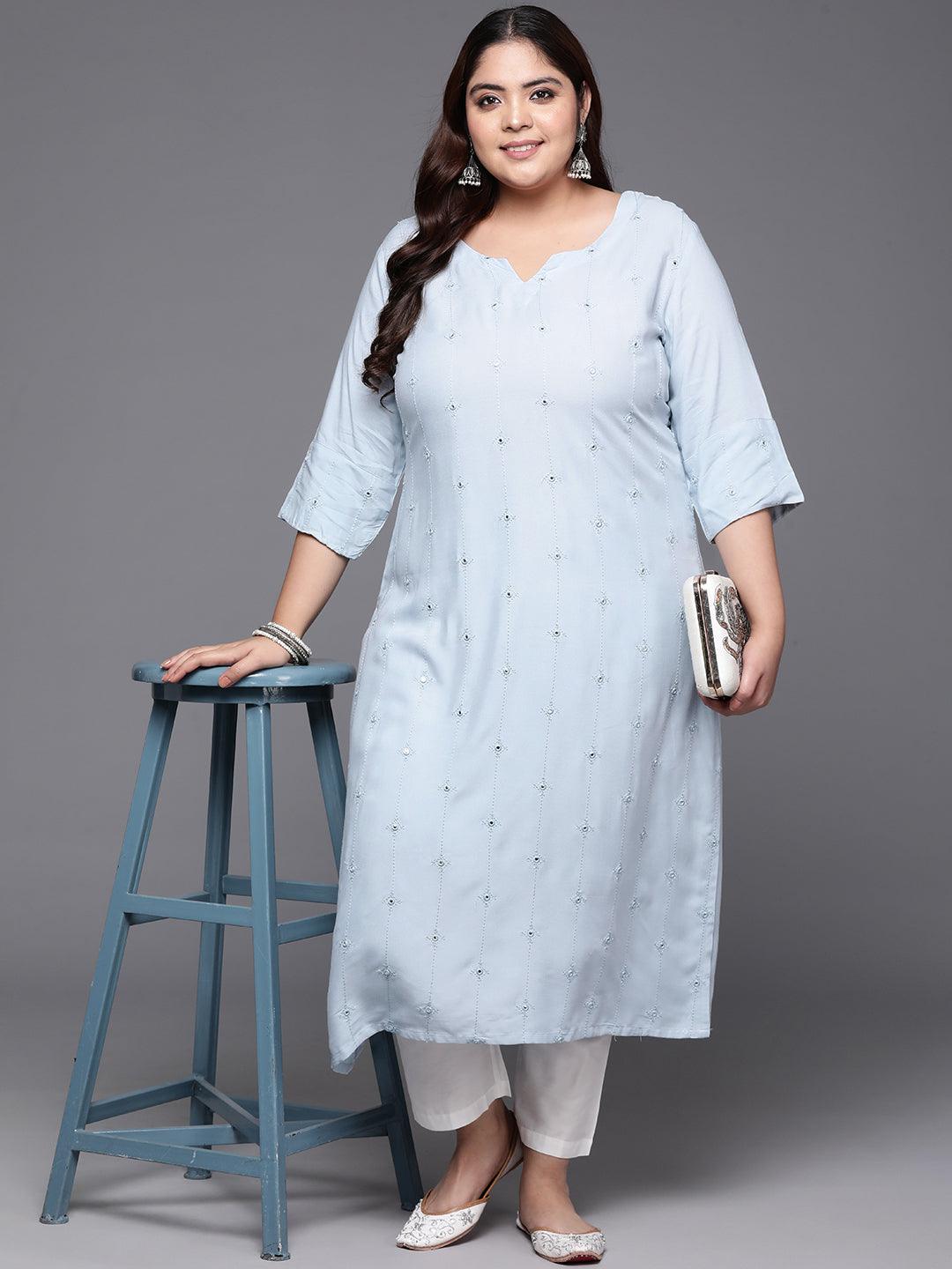 Plus Size Grey Embroidered Rayon Straight Kurta - Libas