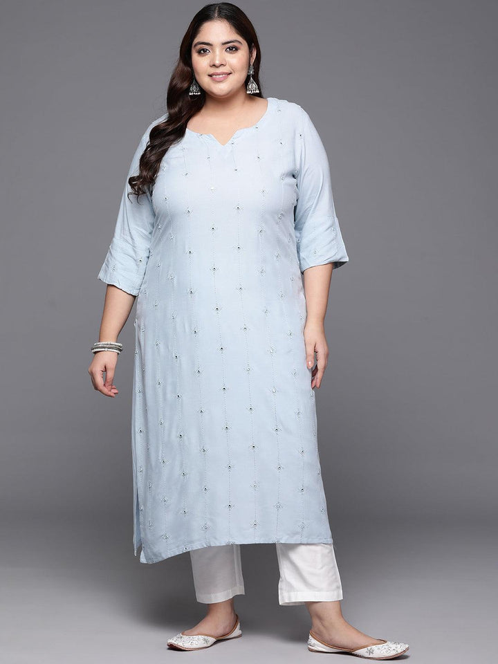 Plus Size Grey Embroidered Rayon Straight Kurta - Libas