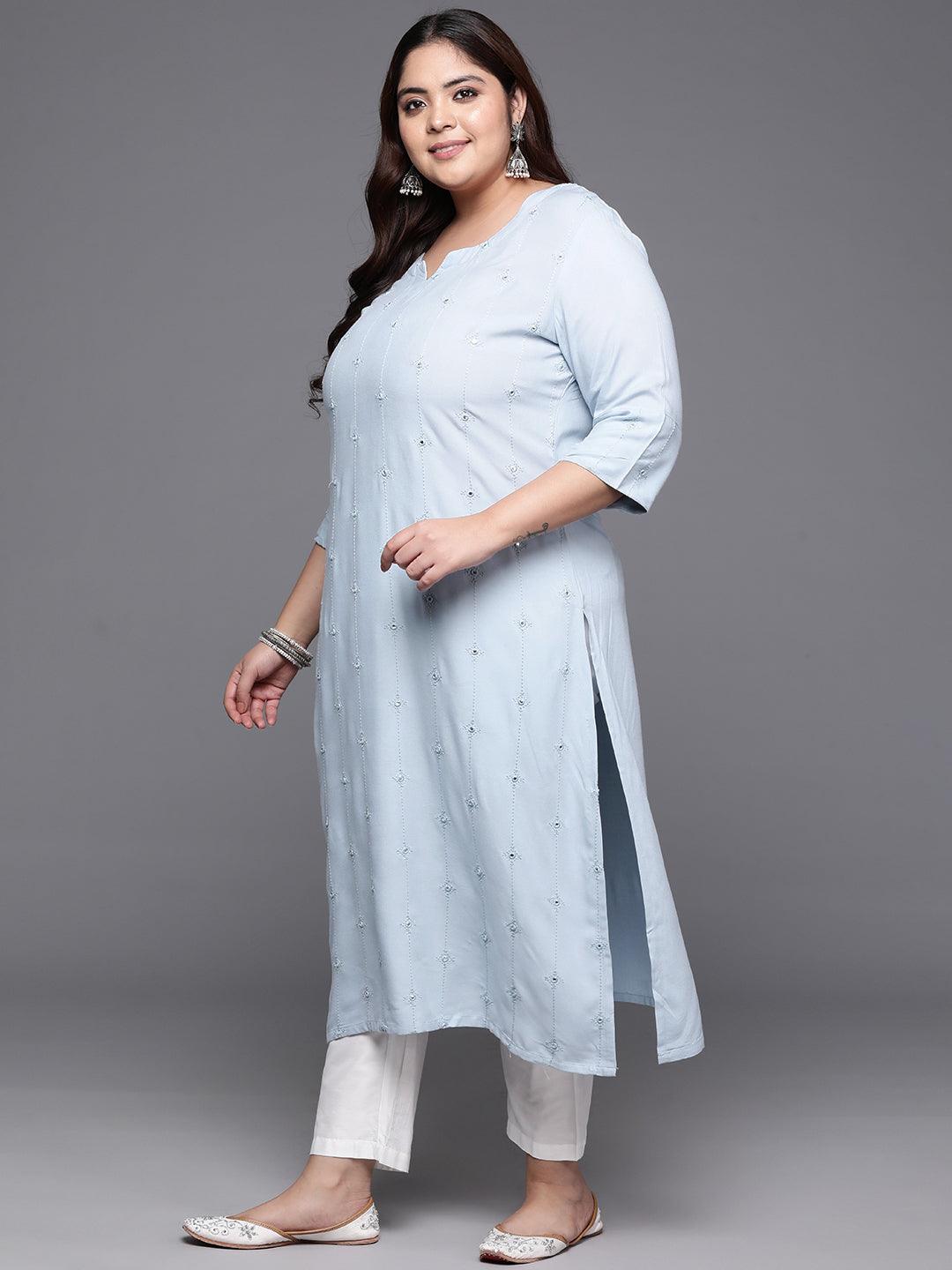 Plus Size Grey Embroidered Rayon Straight Kurta - Libas