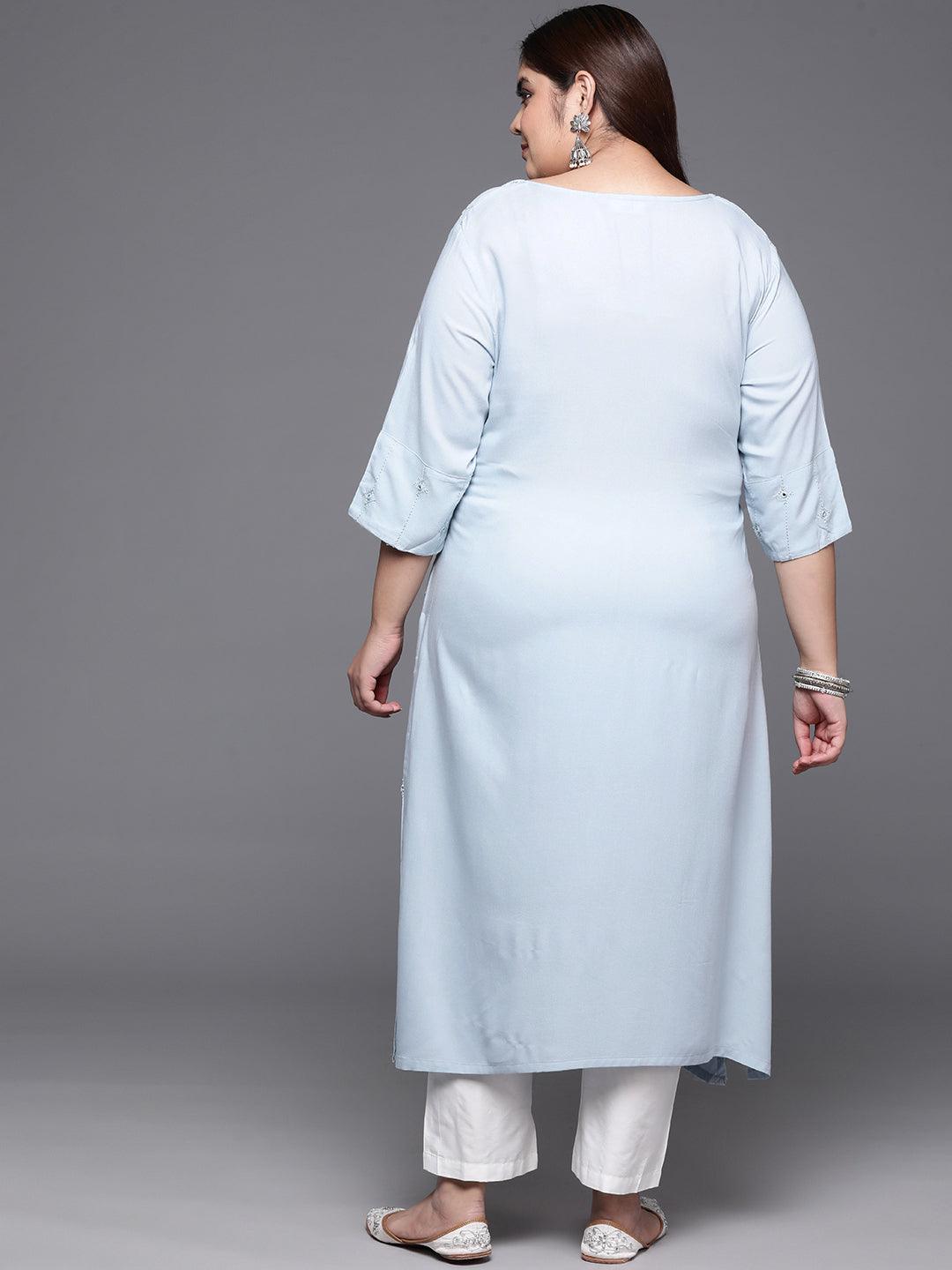 Plus Size Grey Embroidered Rayon Straight Kurta - Libas