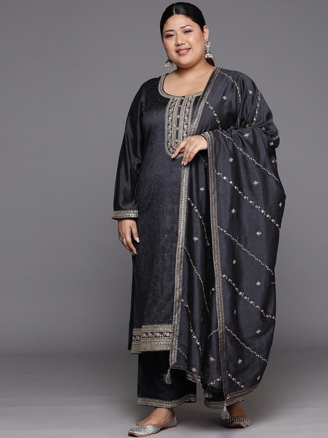 Plus Size Grey Embroidered Silk Blend Straight Suit Set - Libas