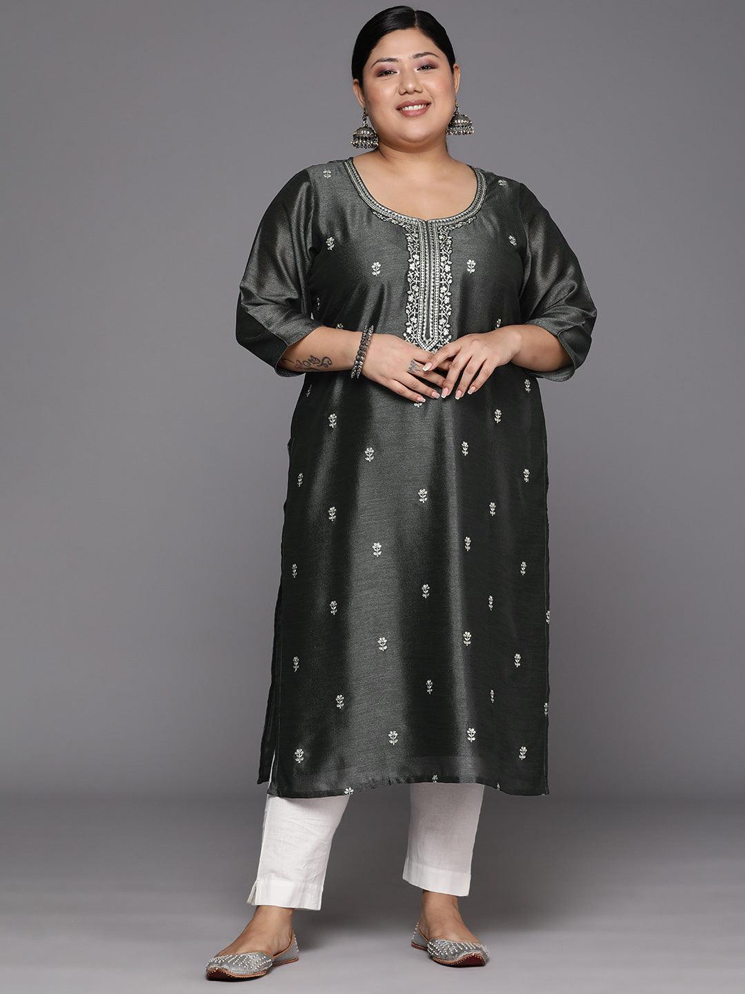 Plus Size Grey Embroidered Silk Straight Kurta - Libas