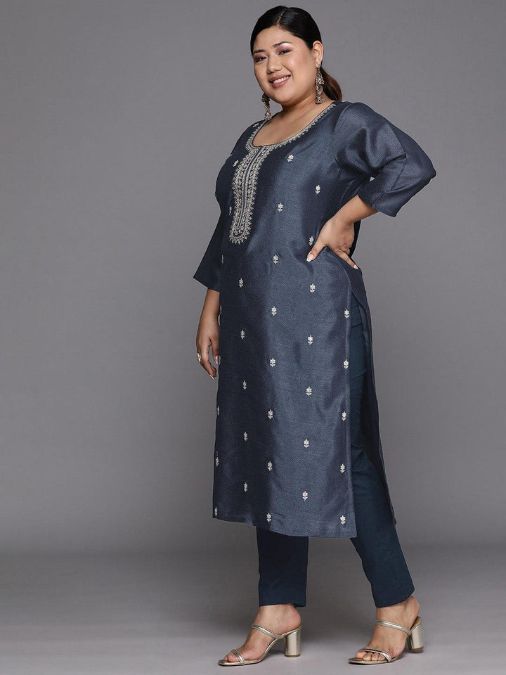 Plus Size Grey Embroidered Silk Straight Kurta - Libas